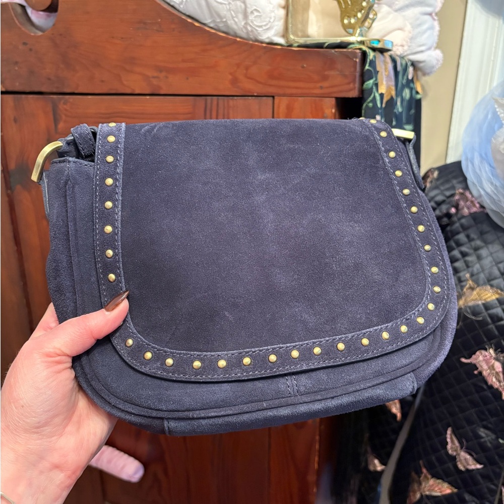 Studded Blue Suede Messenger Bag